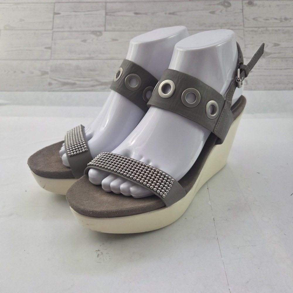 Donald J Pliner Wedge Sandals Womens 7.5 Gray Leather Beaded Y2K Boho Chic Indie